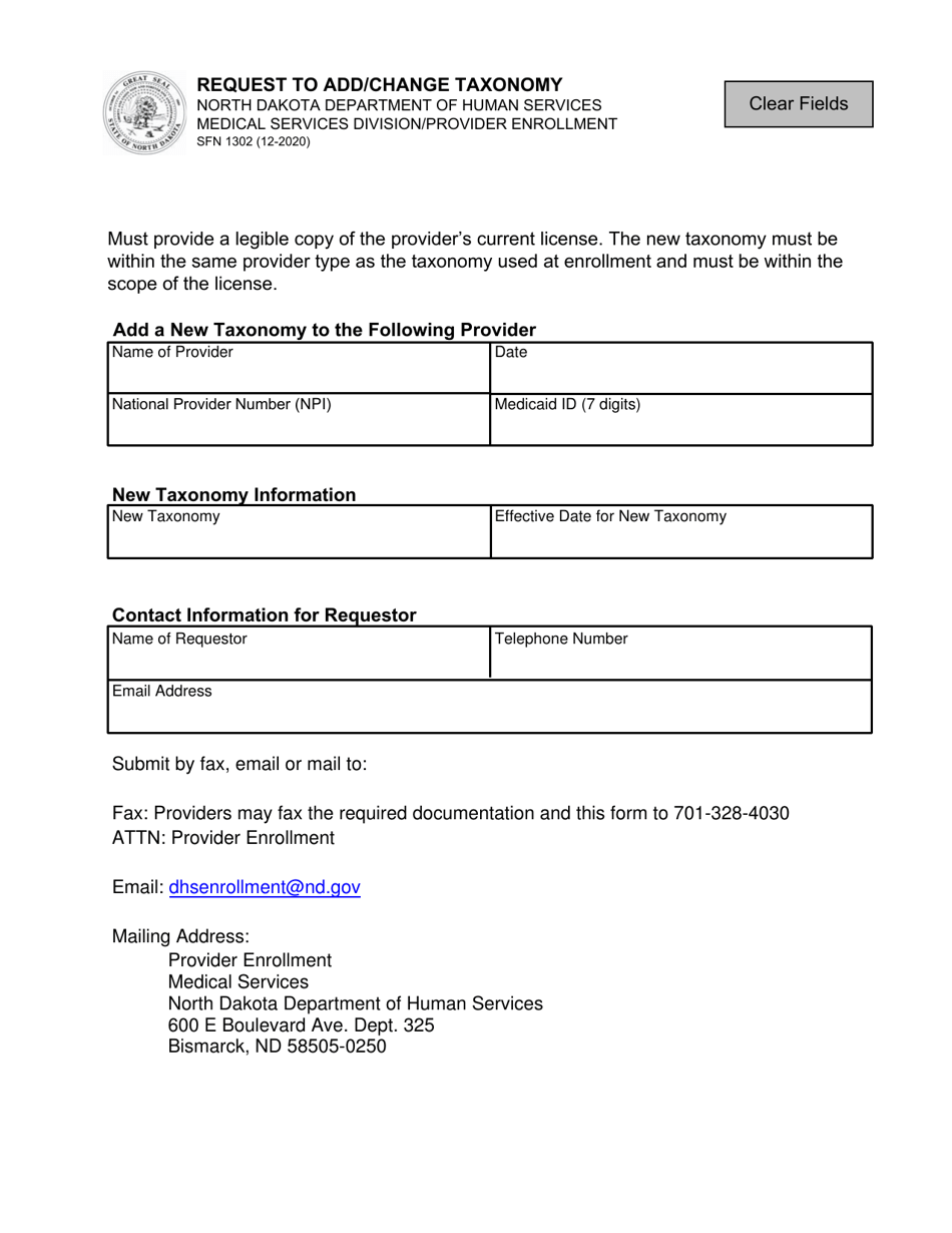 Form SFN1302 Request to Add / Change Taxonomy - North Dakota, Page 1