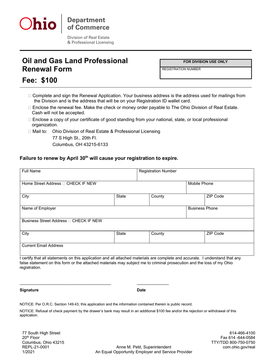 Form REPL-21-0001 Oil and Gas Land Professional Renewal Form - Ohio, Page 1