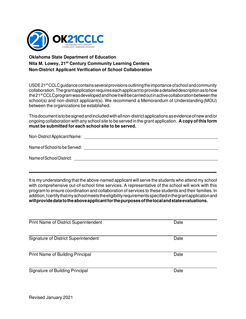 Non-district Applicant Verification of School Collaboration - Oklahoma, Page 1
