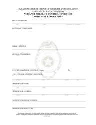 Document preview: Nuisance Wildlife Control Operator Complaint Report Form - Oklahoma