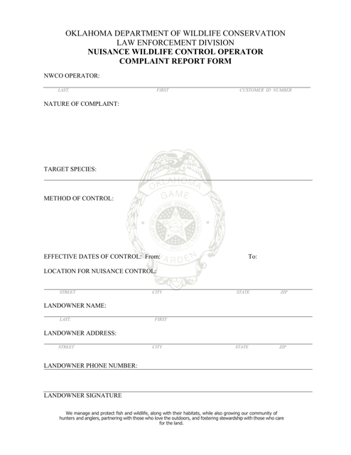 Nuisance Wildlife Control Operator Complaint Report Form - Oklahoma Download Pdf