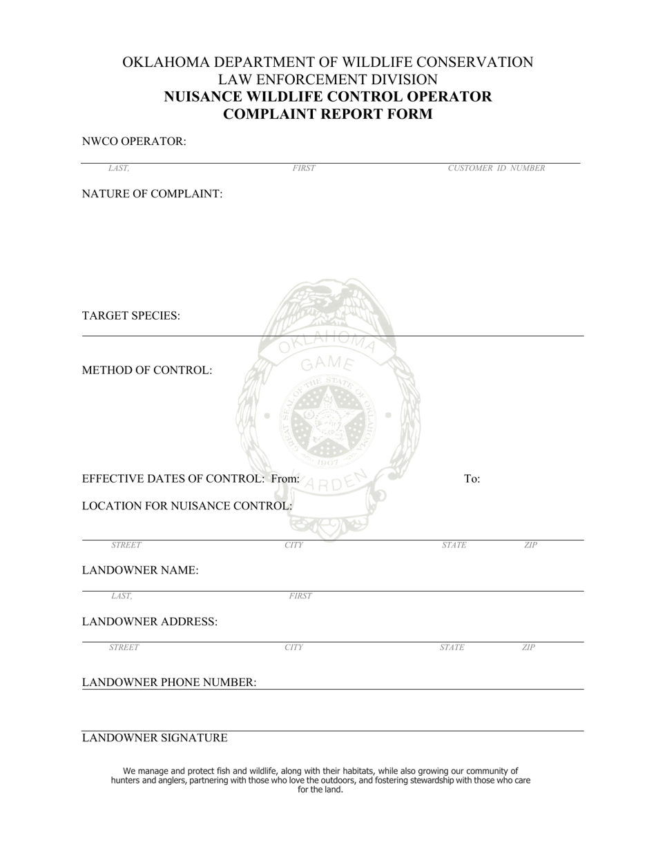 Nuisance Wildlife Control Operator Complaint Report Form - Oklahoma, Page 1