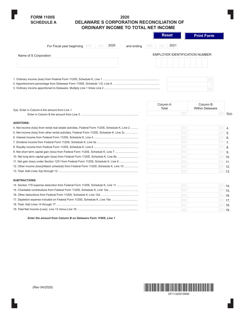 Form 1100S Schedule A Download Fillable PDF Or Fill Online Delaware S 