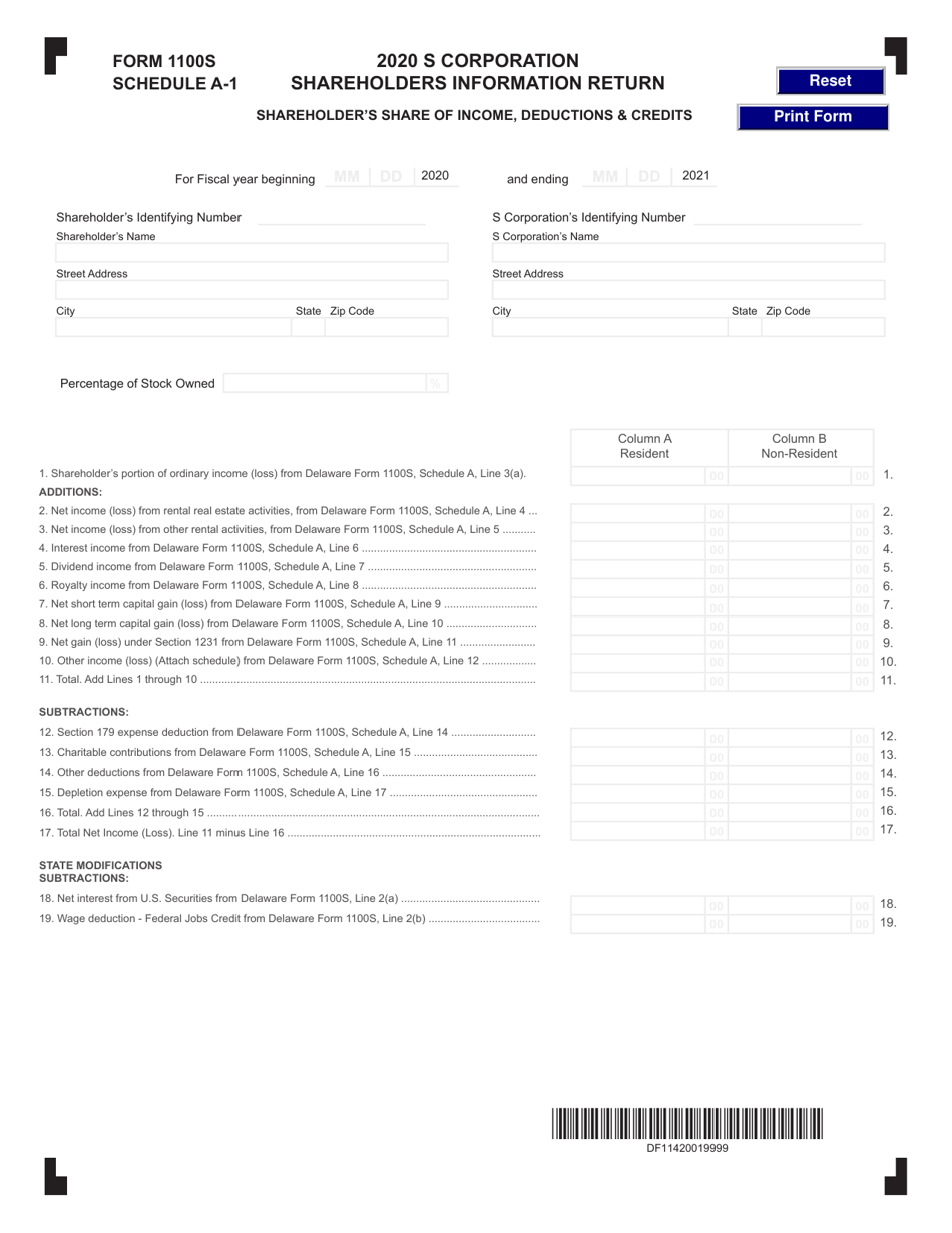 Form 1100S Schedule A-1 S Corporation Shareholders Information Return - Delaware, Page 1