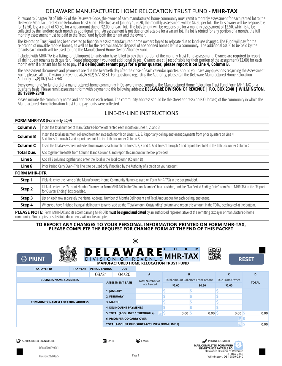 Form MHR-TAX Manufactured Home Relocation Trust Fund - Delaware, Page 1