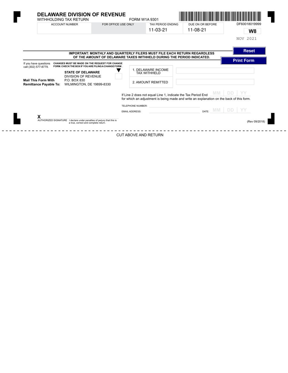 Form W1A 9301 8th Monthly Withholding Reporting Form - November - Delaware, Page 1