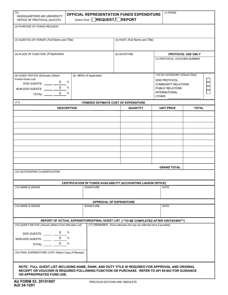 AU Form 53 Official Representation Funds Expenditure Request / Report, Page 1