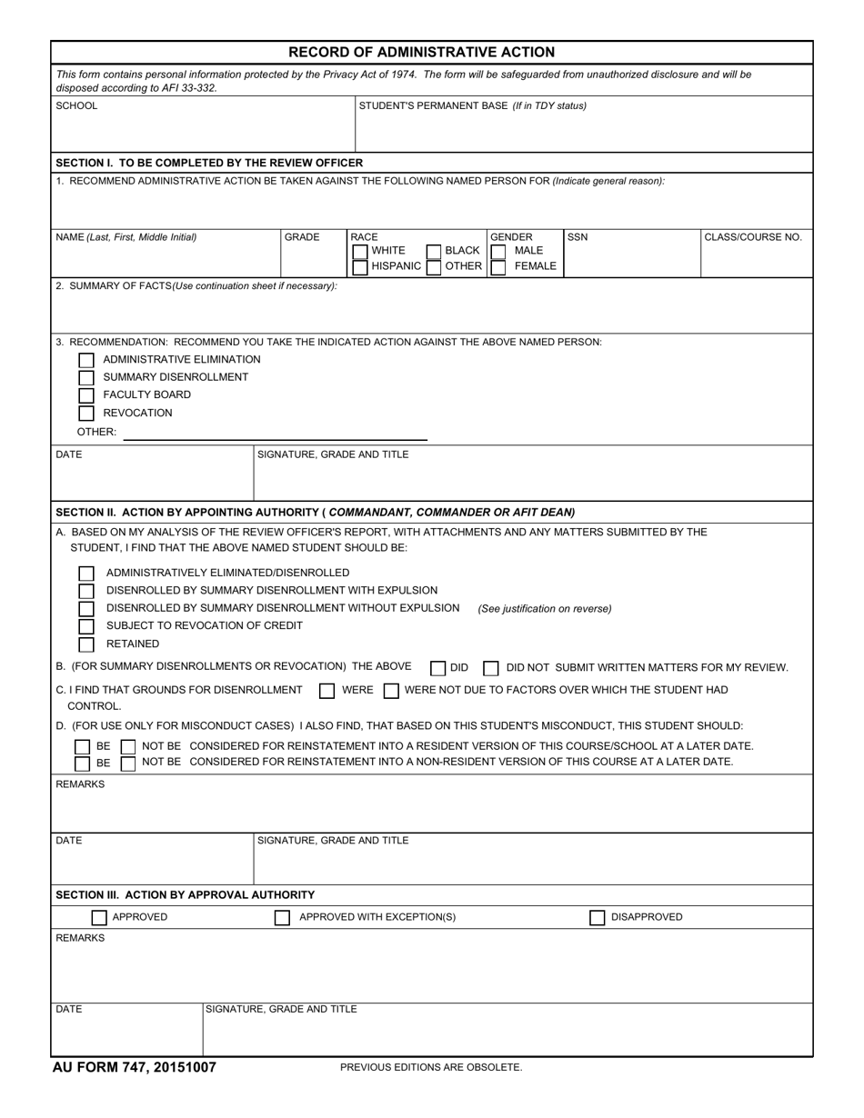 AU Form 747 Record of Administrative Action, Page 1