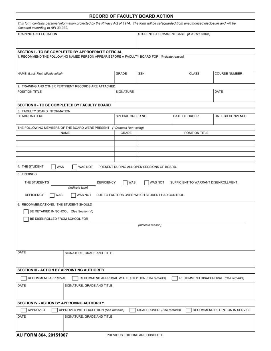 AU Form 864 Record of Faculty Board Action, Page 1