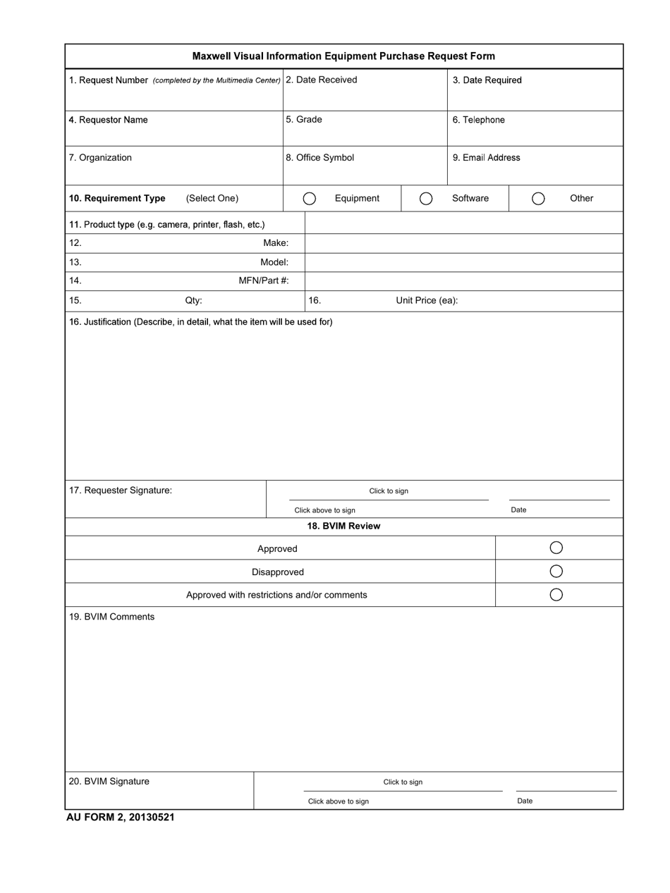 AU Form 2 Maxwell Visual Information Equipment Purchase Request Form, Page 1