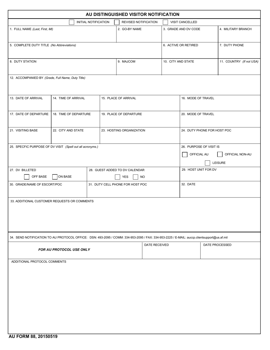 AU Form 88 Au Distinguished Visitor Notification, Page 1