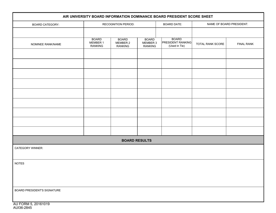 AU Form 5 Air University Board Information Dominance Board President Score Sheet, Page 1