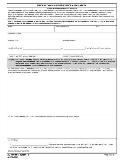AU Form 6 Student Complaint/Grievance Application