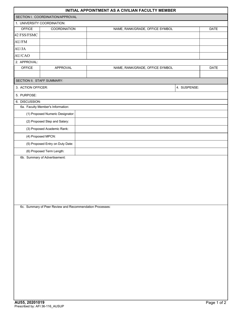 AU Form 55 Initial Appointment as a Civilian Faculty Member, Page 1