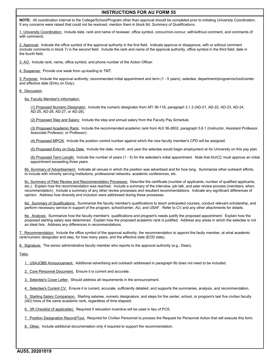 AU Form 55 Initial Appointment as a Civilian Faculty Member, Page 3
