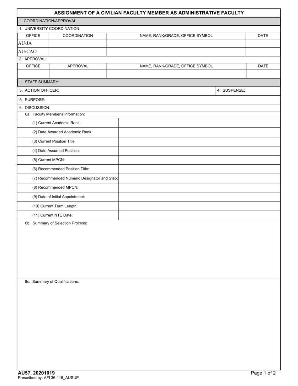 AU Form 57 Assignment of a Civilian Faculty Member as Administrative Faculty, Page 1