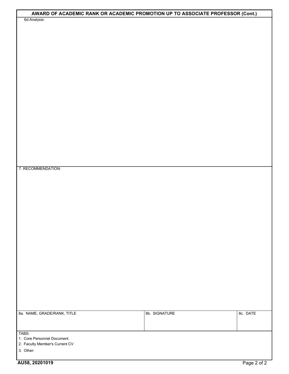 AU Form 58 Award of Academic Rank or Academic Promotion up to Associate Professor, Page 2
