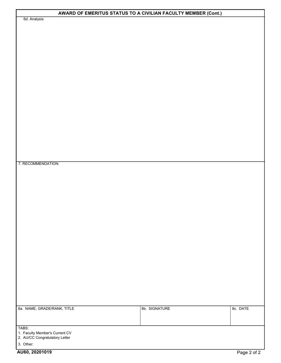 AU Form 60 Award of Emeritus Status to a Civilian Faculty Member, Page 2