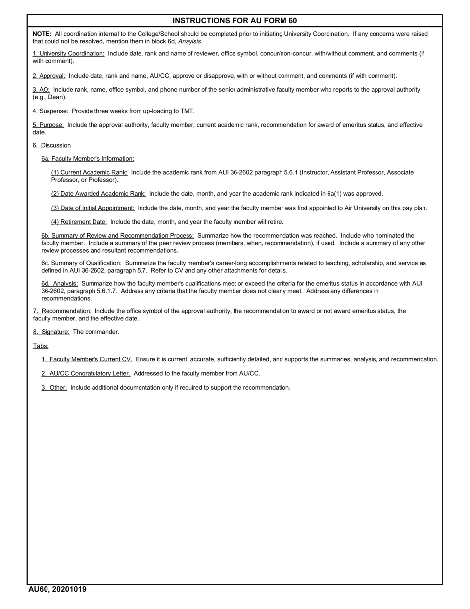 AU Form 60 Award of Emeritus Status to a Civilian Faculty Member, Page 3