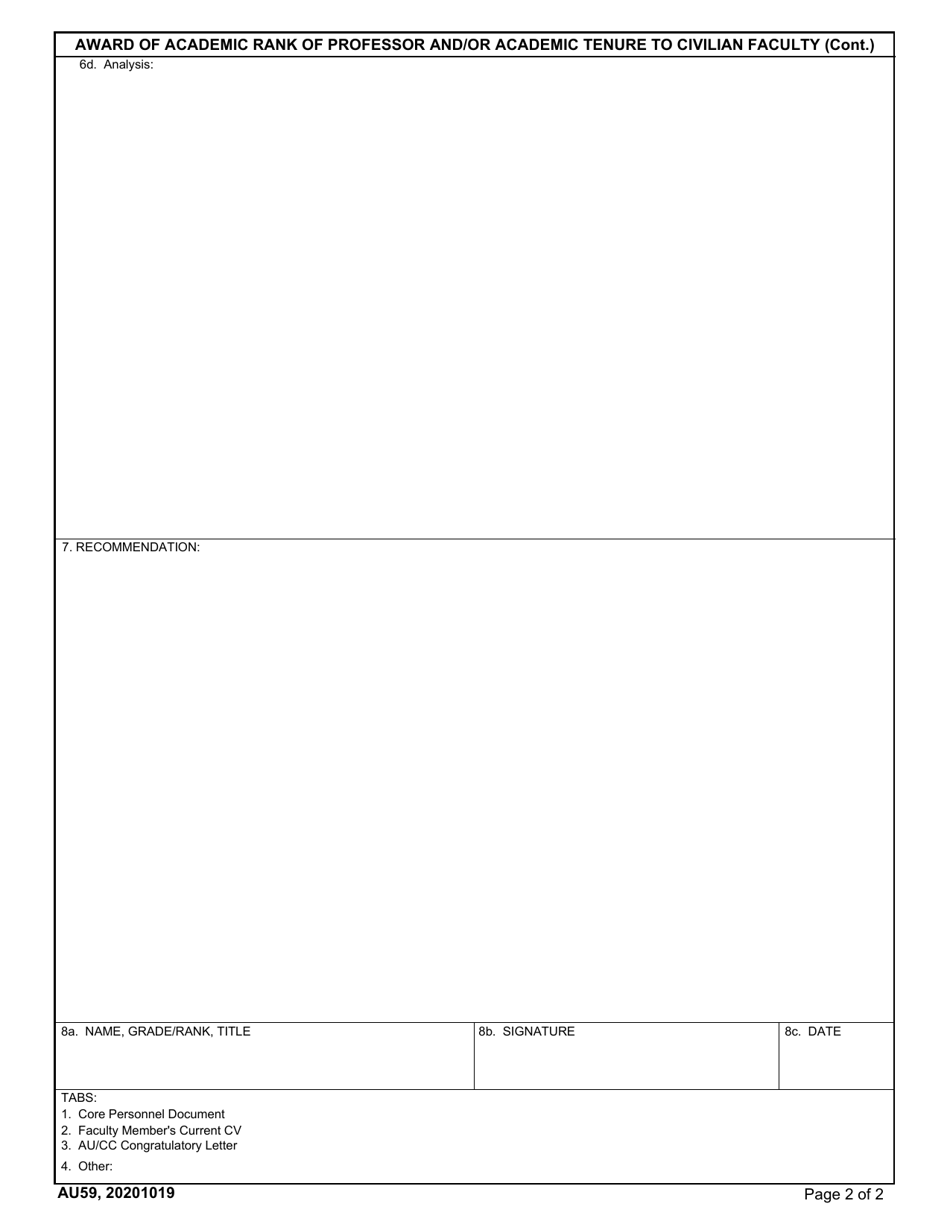 AU Form 59 Award of Academic Rank of Professor and / or Academic Tenure to Civilian Faculty, Page 2