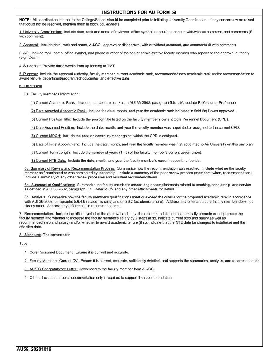 AU Form 59 Award of Academic Rank of Professor and / or Academic Tenure to Civilian Faculty, Page 3
