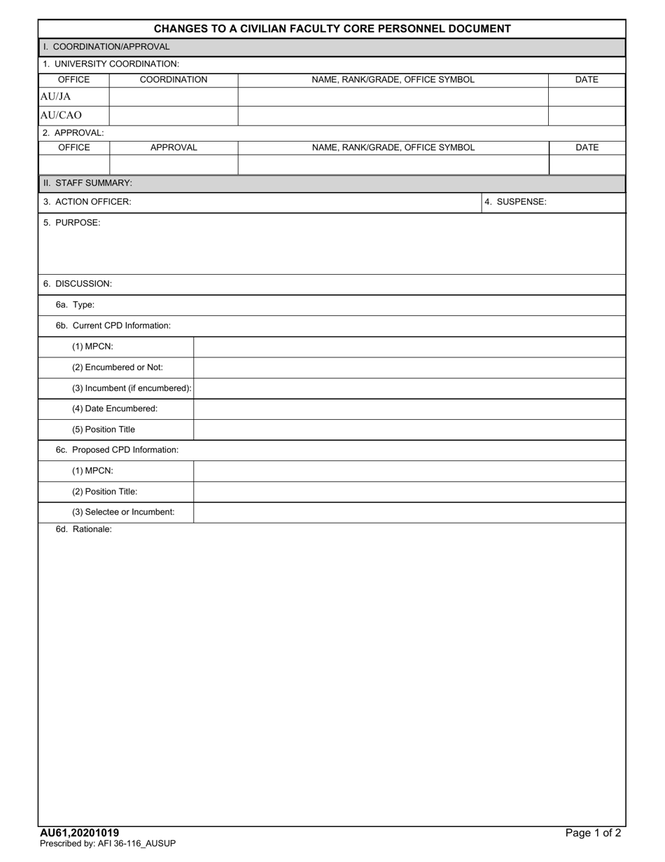 AU Form 61 Changes to a Civilian Faculty Core Personnel Document, Page 1