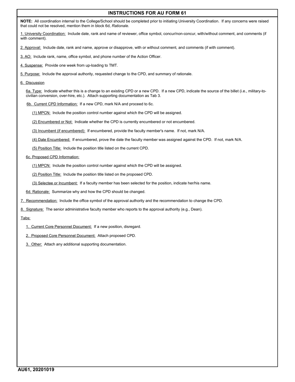AU Form 61 Changes to a Civilian Faculty Core Personnel Document, Page 3