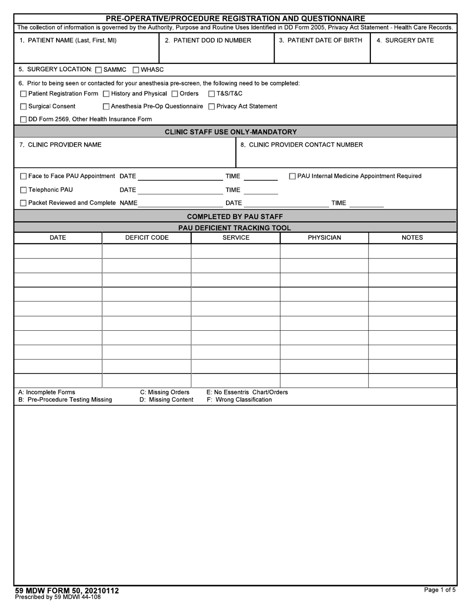 59 MDW Form 50 Pre-operative/Procedure Registration and Questionnaire, Page 1