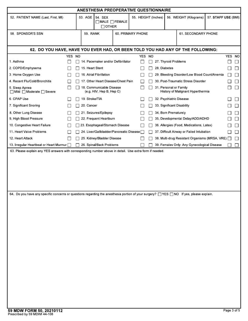59 MDW Form 50 Pre-operative / Procedure Registration and Questionnaire, Page 3