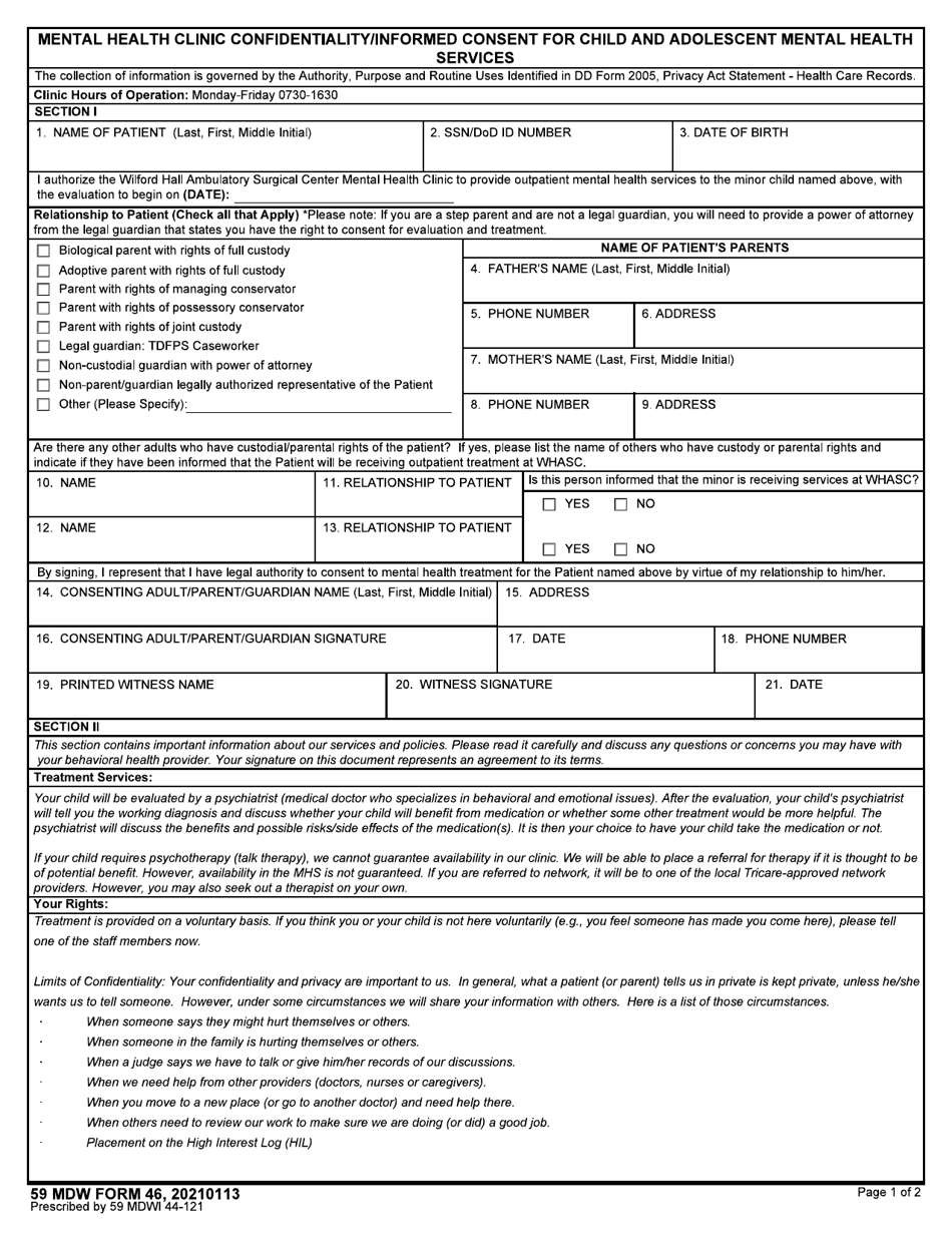 59 MDW Form 46 Mental Health Clinic / Confidentiality Informed Consent for Child and Adolescent Mental Health Services, Page 1