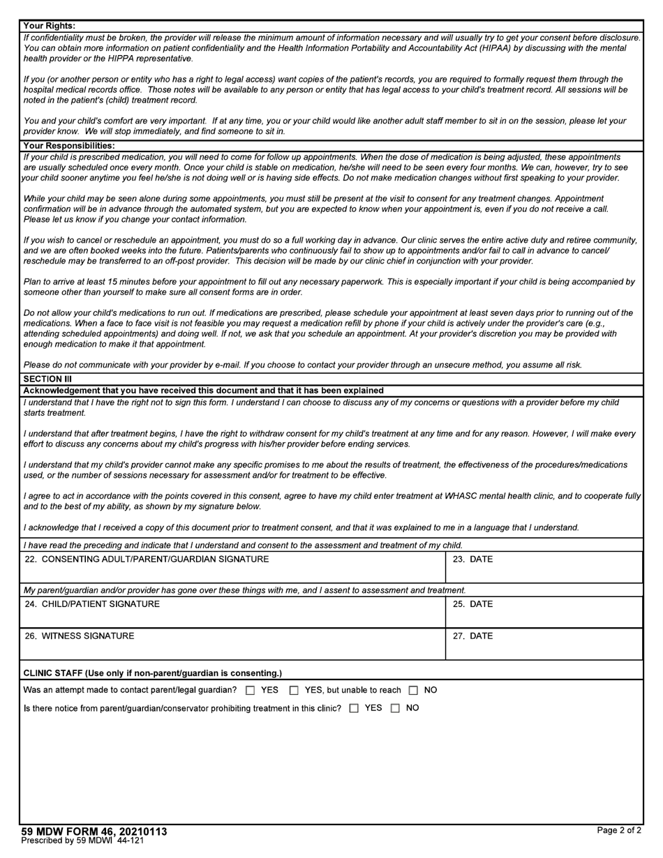 59 MDW Form 46 Mental Health Clinic / Confidentiality Informed Consent for Child and Adolescent Mental Health Services, Page 2