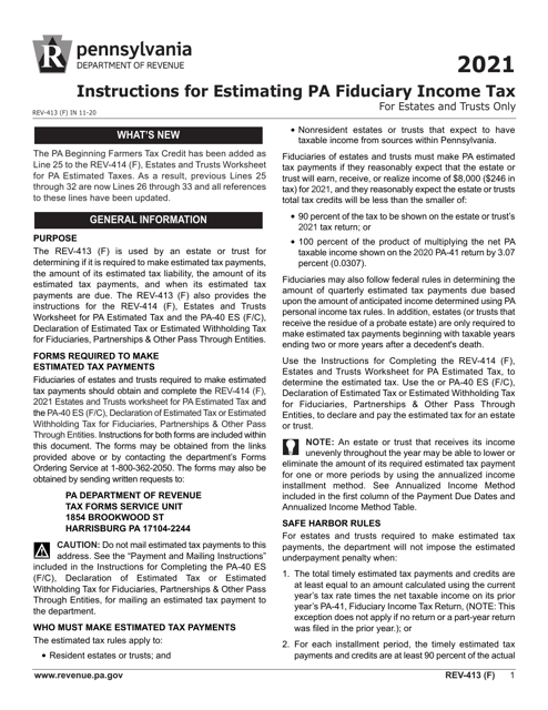 Instructions for Form REV-414 (F), REV-40 ES (F/C) - Pennsylvania, 2021