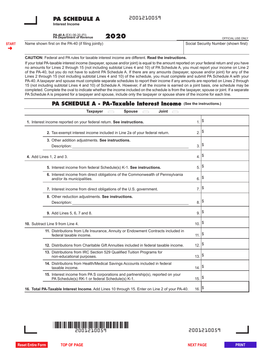 Form PA 40 Schedule A Download Fillable PDF Or Fill Online Interest Income 2020 Pennsylvania