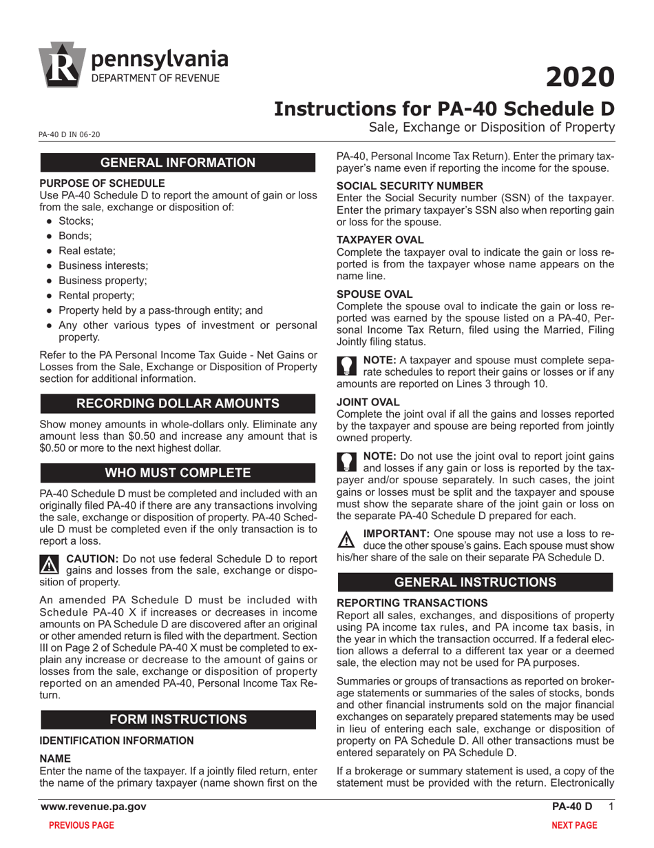 Form PA-40 Schedule D Sale, Exchange or Disposition of Property - Pennsylvania, Page 3