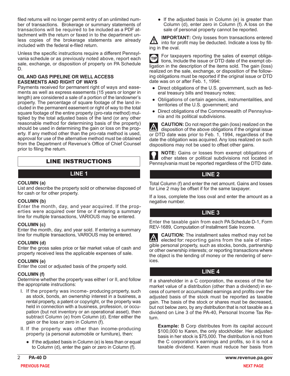 Form PA-40 Schedule D Sale, Exchange or Disposition of Property - Pennsylvania, Page 4