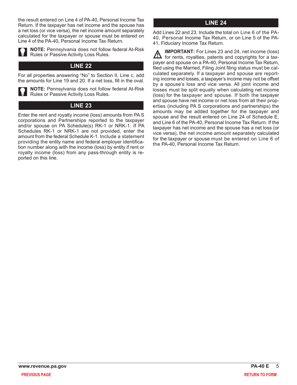 Form PA-40 Schedule E Rents and Royalty Income (Loss) - Pennsylvania, Page 7