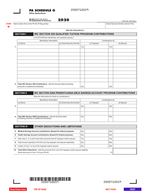 Form PA-40 Schedule O 2020 Printable Pdf