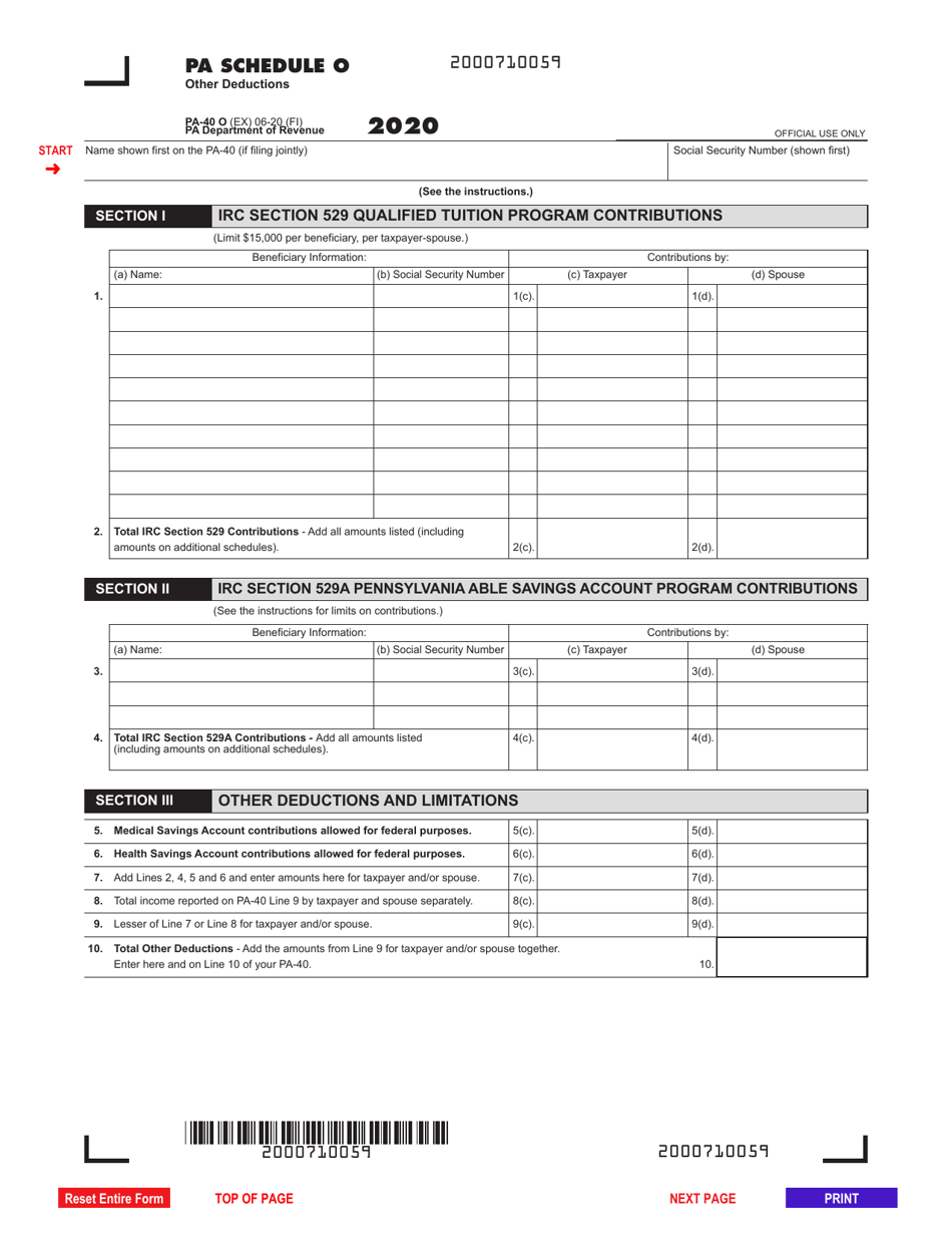 Form PA-40 Schedule O Other Deductions - Pennsylvania, Page 1