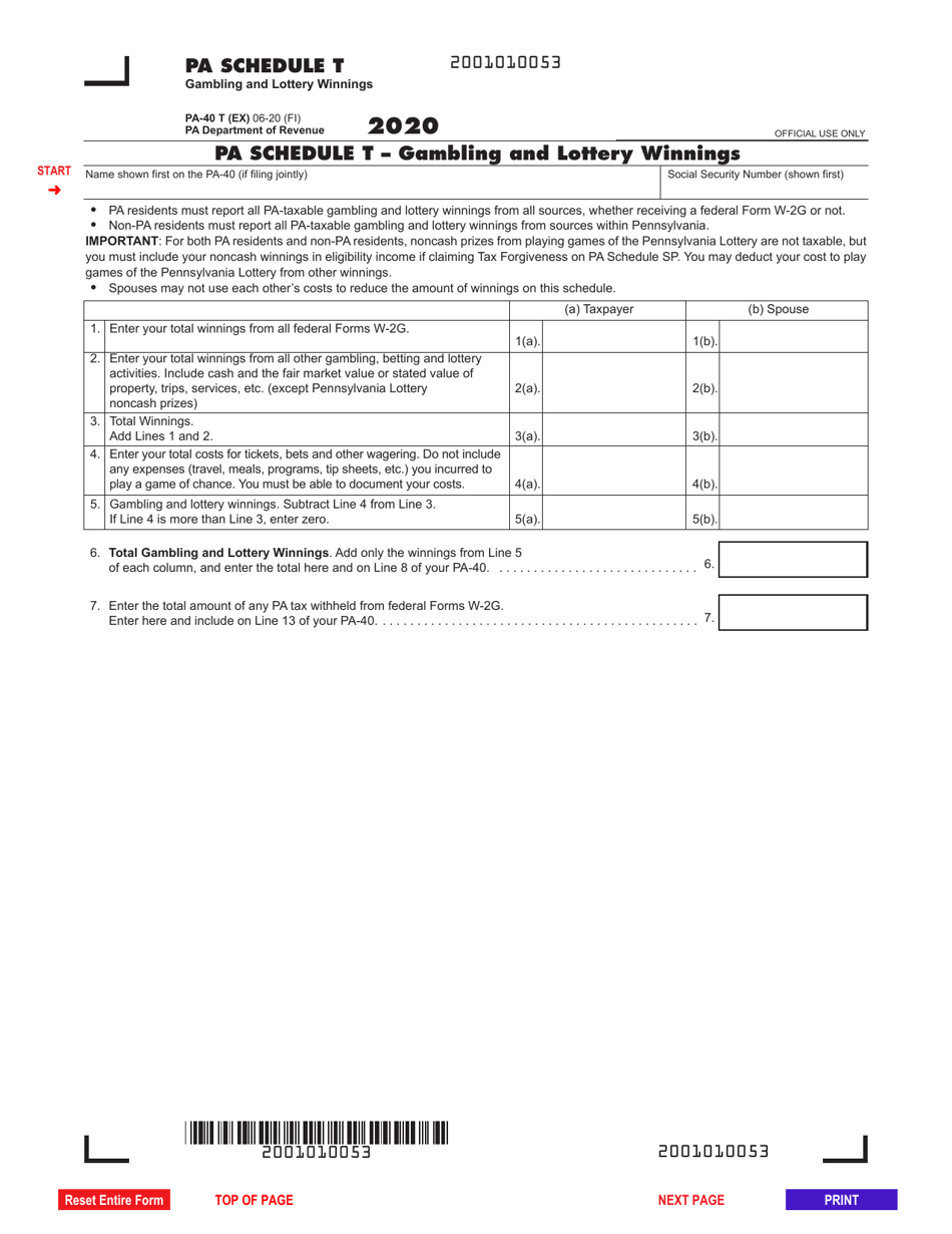Form PA-40 Schedule T Gambling and Lottery Winnings - Pennsylvania, Page 1