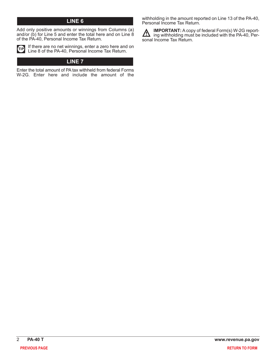 Form PA-40 Schedule T Gambling and Lottery Winnings - Pennsylvania, Page 4