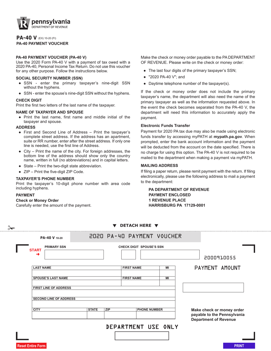 Form PA-40 V Payment Voucher - Pennsylvania, Page 1