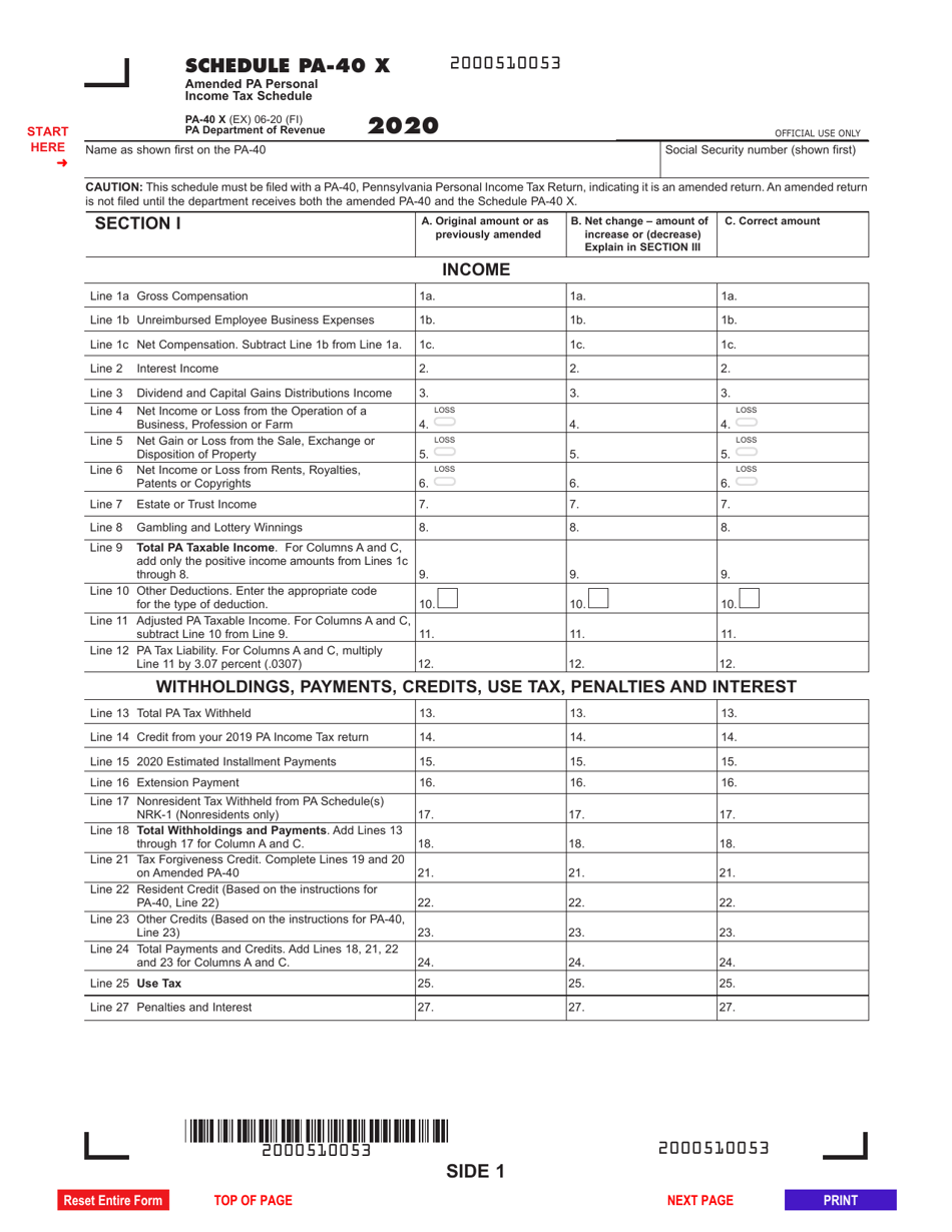 Form PA-40 Schedule PA-40 X Amended Pa Personal Income Tax Schedule - Pennsylvania, Page 1