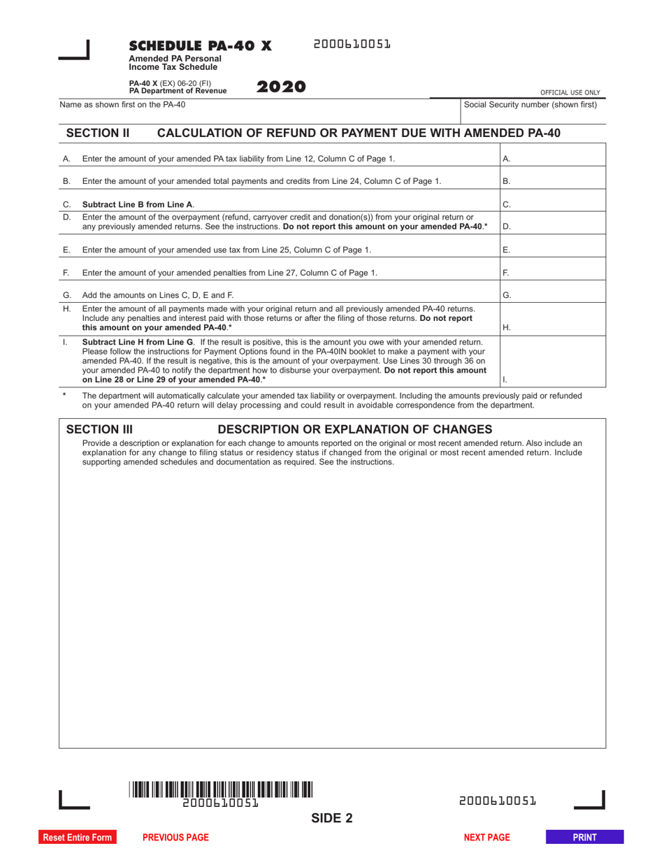 Form PA-40 Schedule PA-40 X Amended Pa Personal Income Tax Schedule - Pennsylvania, Page 2