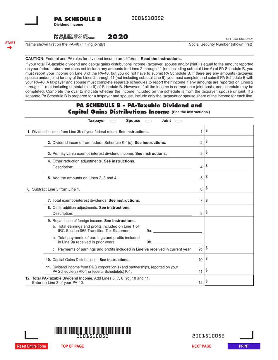 2022 Pa Schedule B Form Pa-40 Schedule B Download Fillable Pdf Or Fill Online Dividend Income  - 2020 Pennsylvania | Templateroller