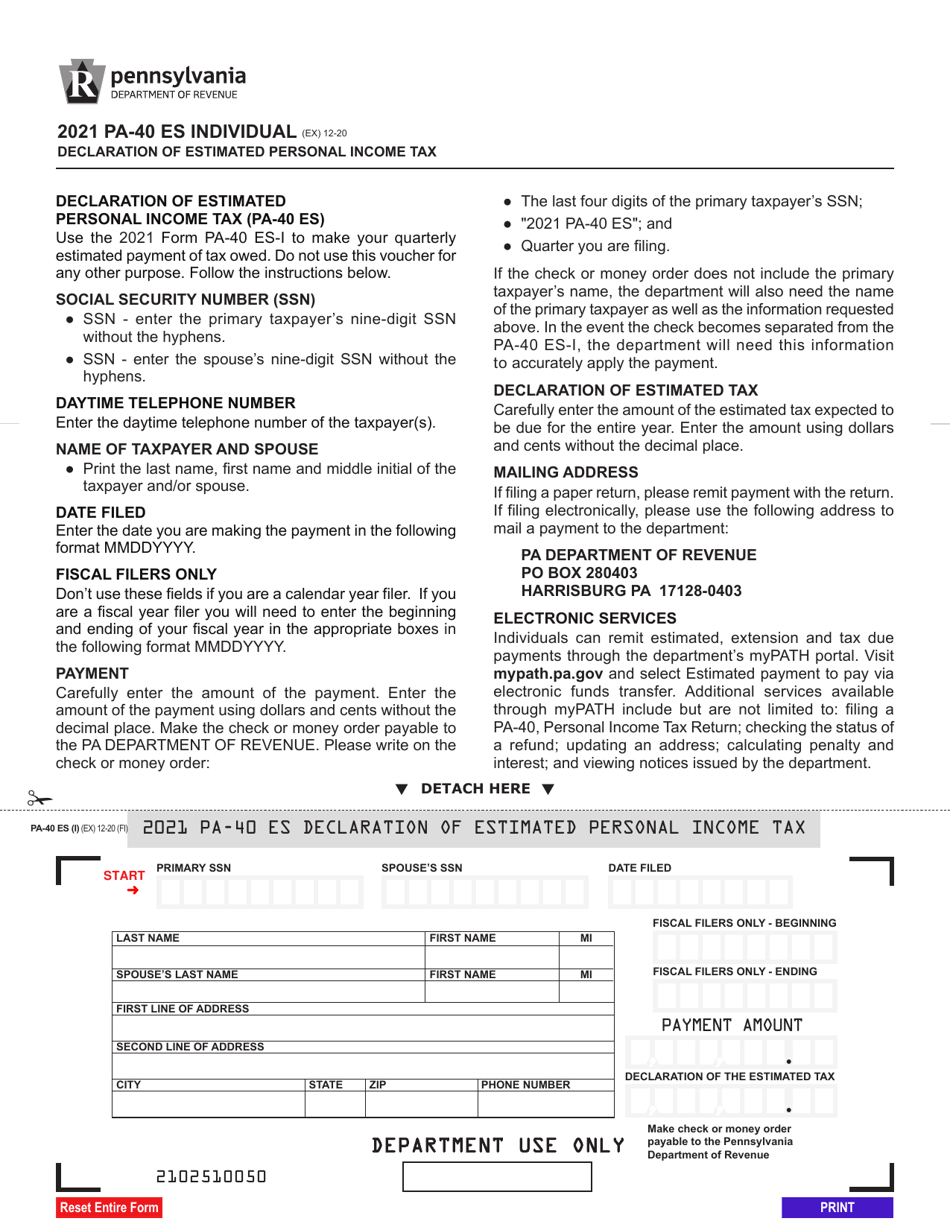 Form PA-40 ES (I) Declaration of Estimated Personal Income Tax - Pennsylvania, Page 1