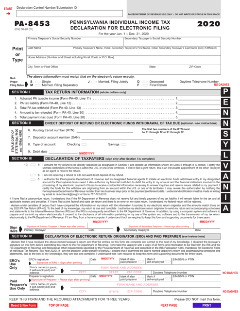 Form PA-8453 2020 Printable Pdf