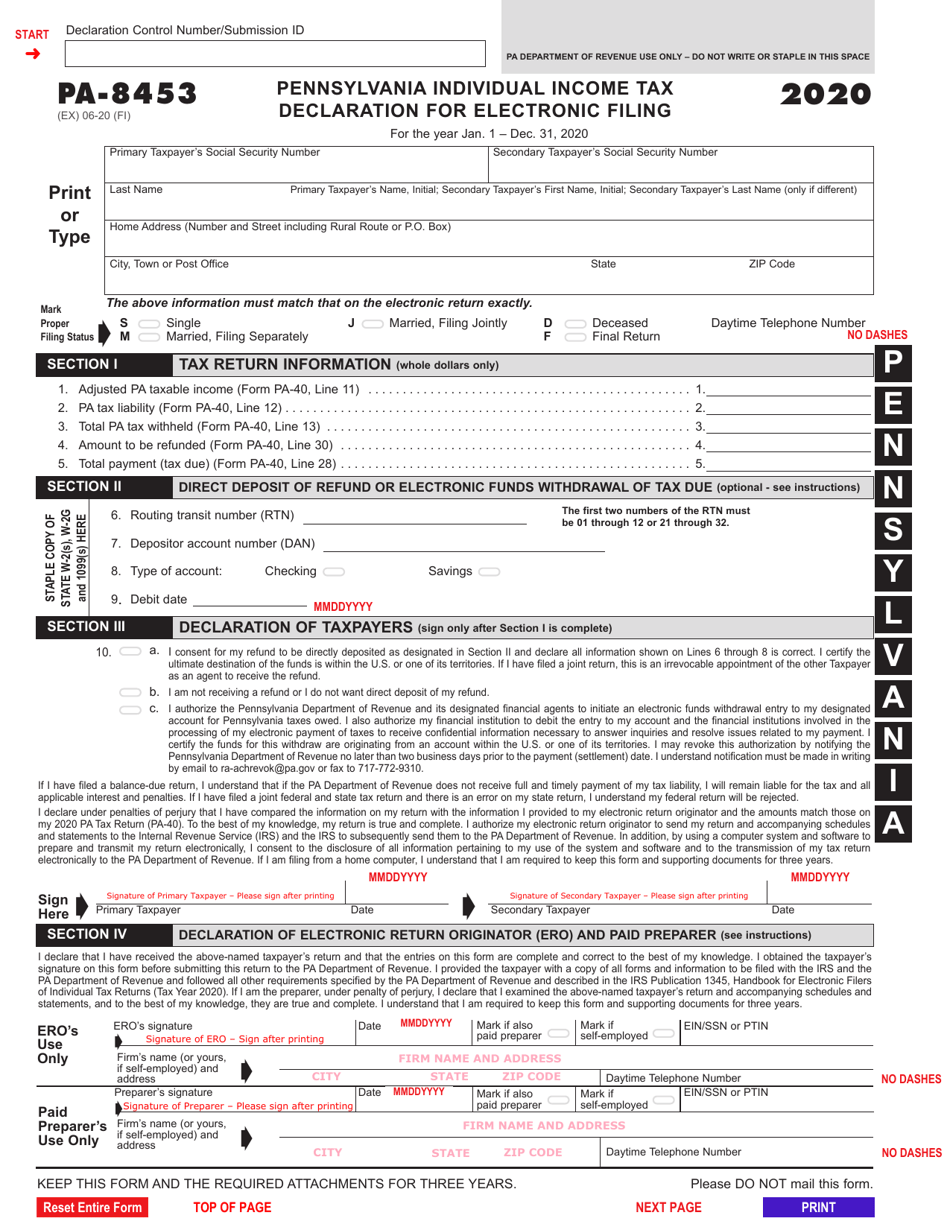 Form PA-8453 Pennsylvania Individual Income Tax Declaration for Electronic Filing - Pennsylvania, Page 1