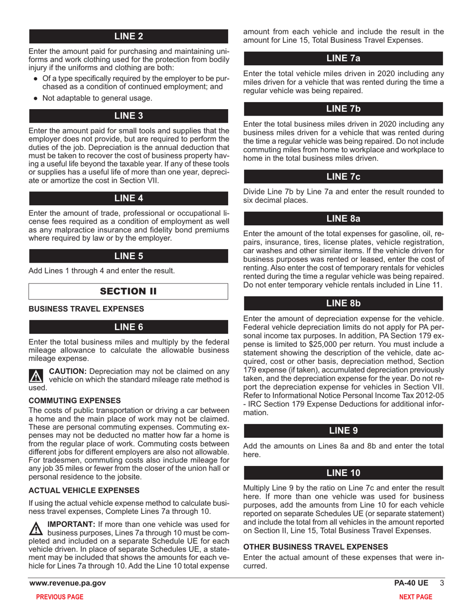 Form PA-40 Schedule UE Allowable Employee Business Expenses - Pennsylvania, Page 5