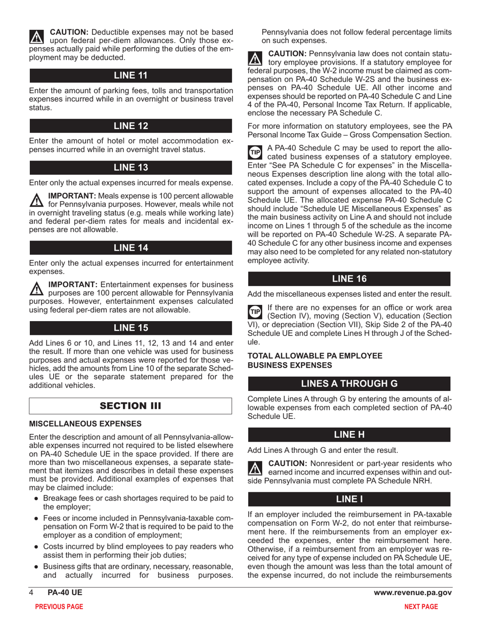 Form PA-40 Schedule UE Allowable Employee Business Expenses - Pennsylvania, Page 6