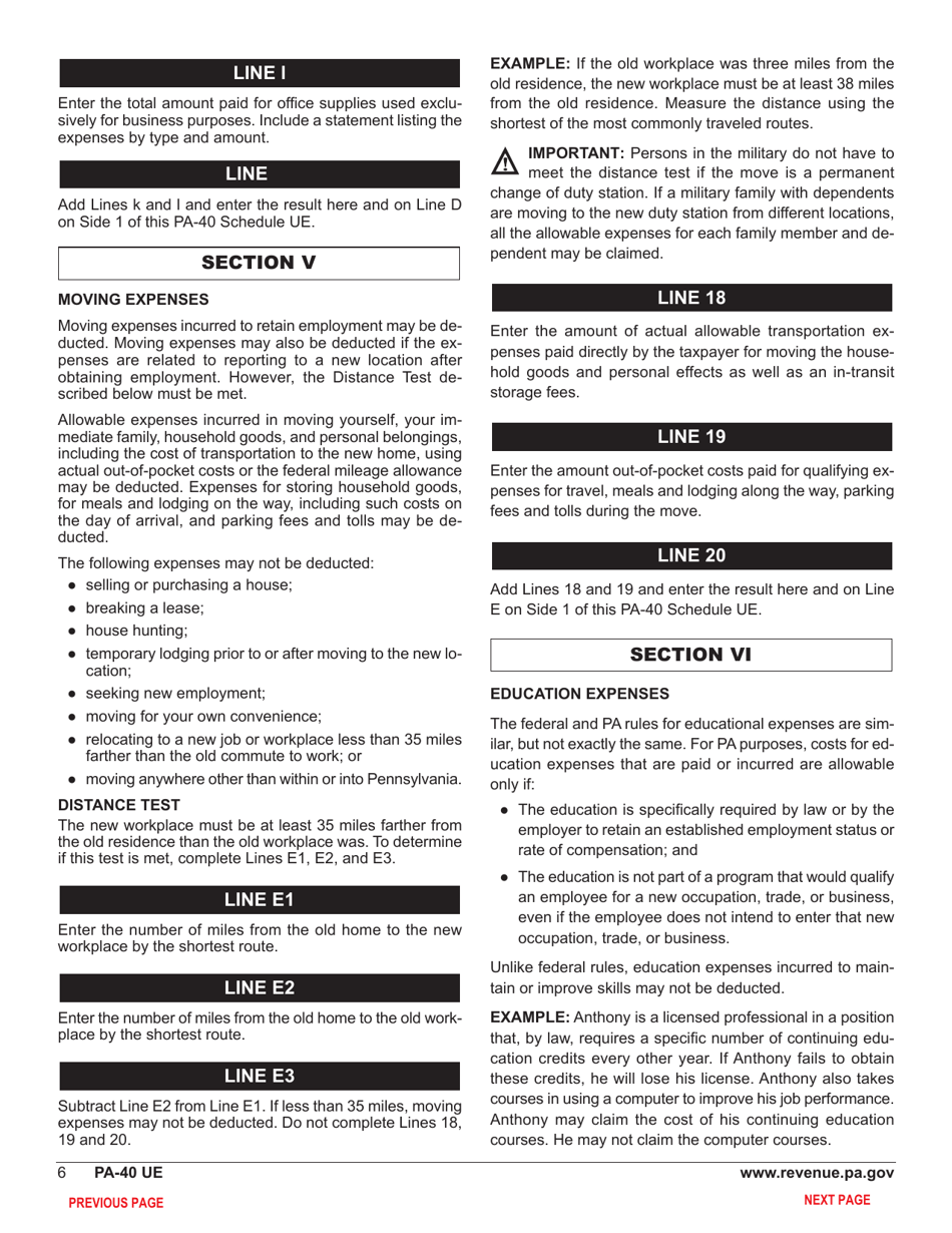 Form PA-40 Schedule UE Allowable Employee Business Expenses - Pennsylvania, Page 8